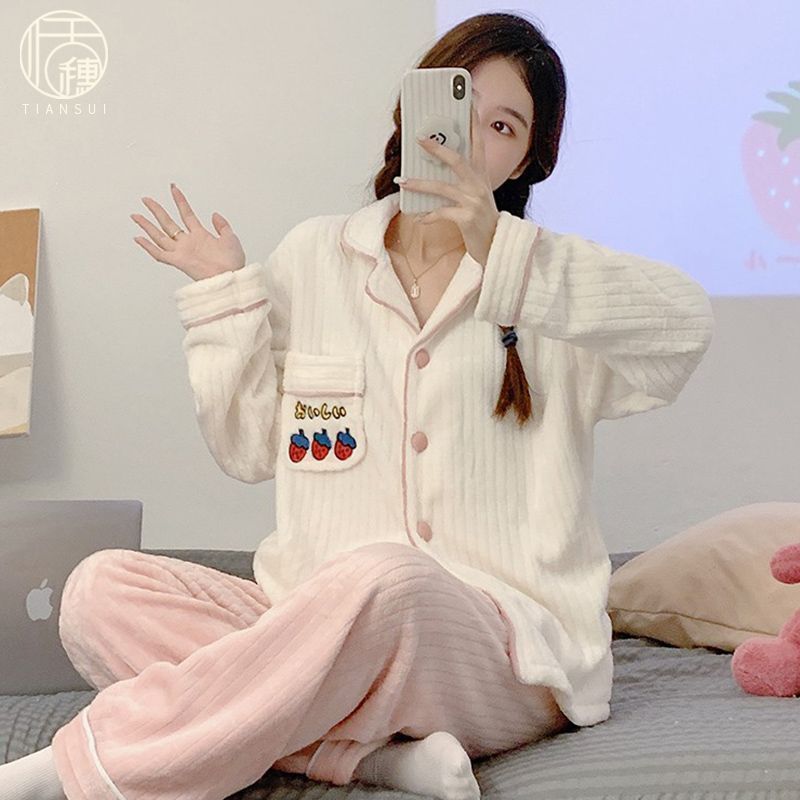2023年秋冬季珊瑚絨長袖睡衣女加厚加絨法蘭絨簡約甜美家居服套裝