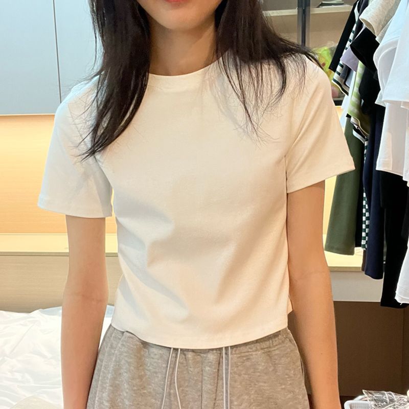 春夏白色短款圓領純棉短袖t恤女韓版顯瘦打底體恤辣妹短裝上衣潮