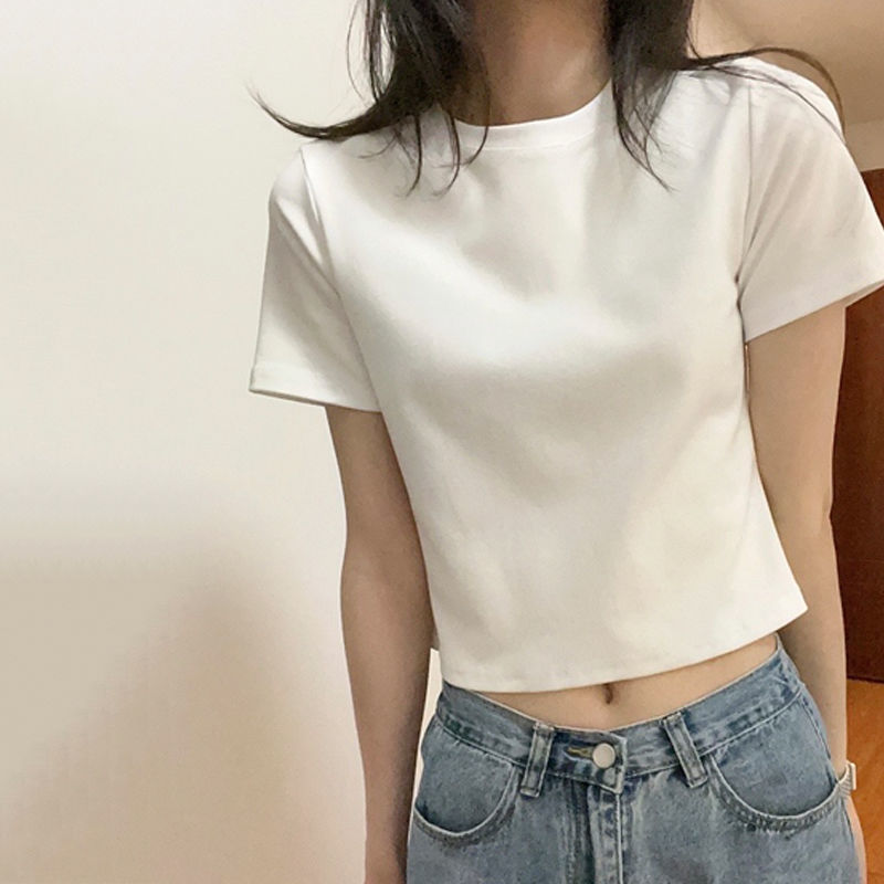 小眾圓領短袖t恤女夏季修身顯瘦露臍短款百搭純棉白色內搭上衣女