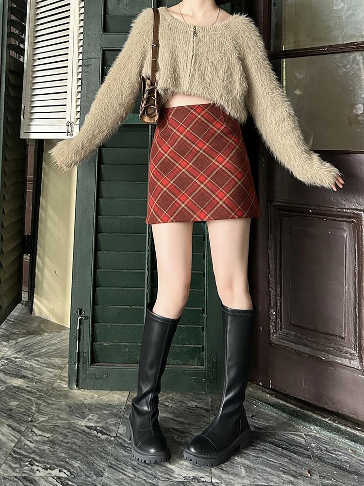 紅色格子毛呢半身裙女秋冬裙子咖色高腰顯瘦小個子a字裙包臀短裙