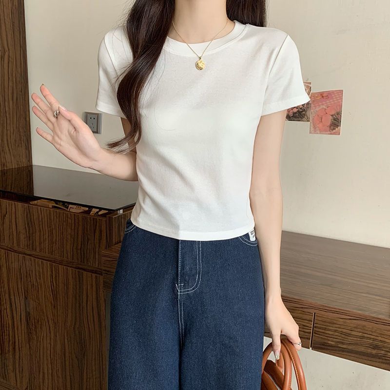 簡約純色炸街T恤女短袖2024年新款夏季修身顯瘦圓領正肩短款上衣