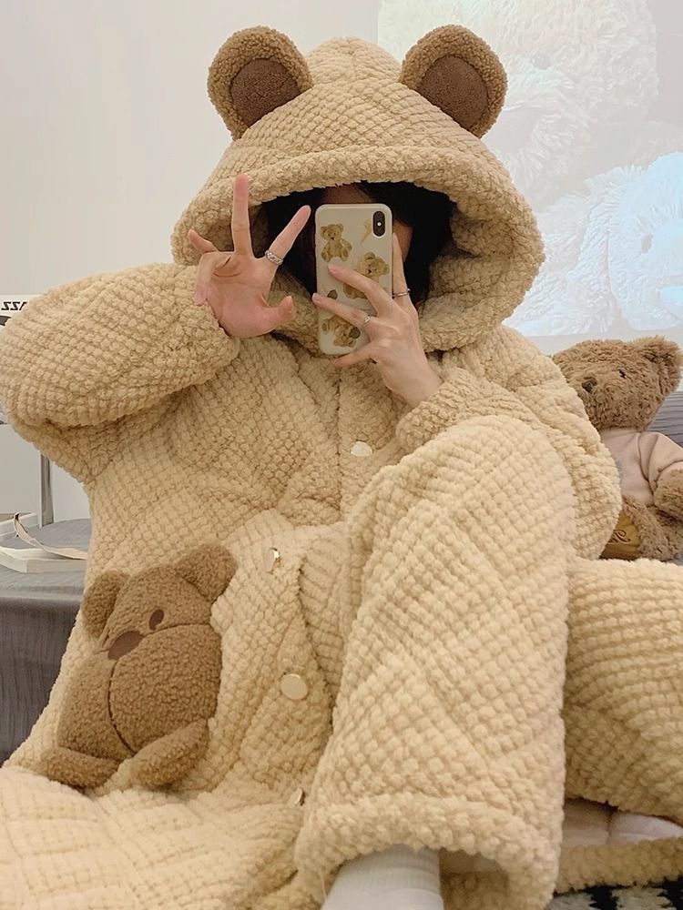 珊瑚絨睡袍女秋冬季加厚加絨睡衣三層夾棉襖長款法蘭絨家居服套裝