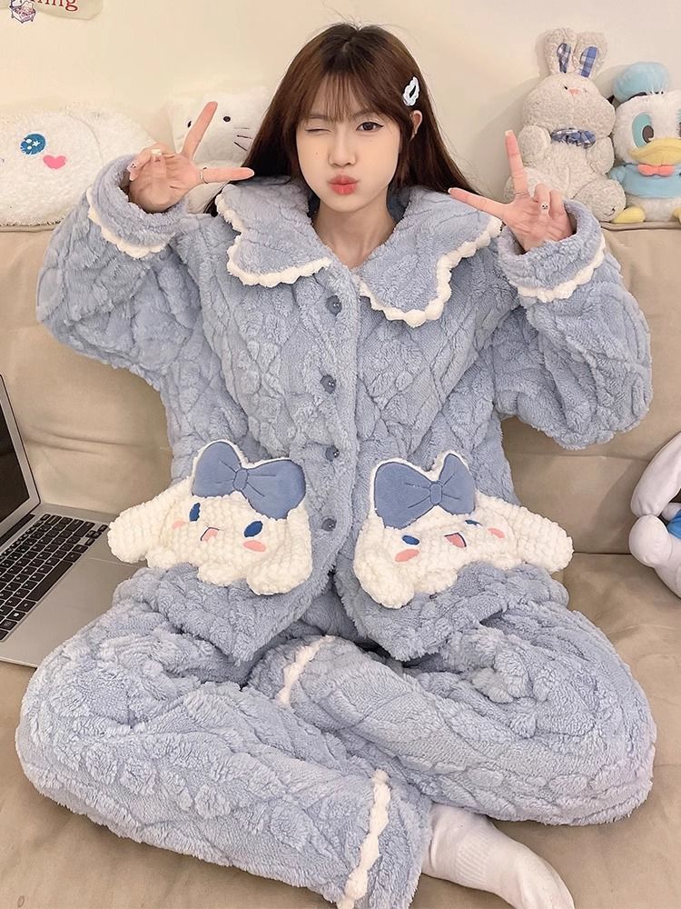 玉桂狗珊瑚絨睡衣女秋冬季加厚加絨保暖三層夾棉襖法蘭絨可愛套裝