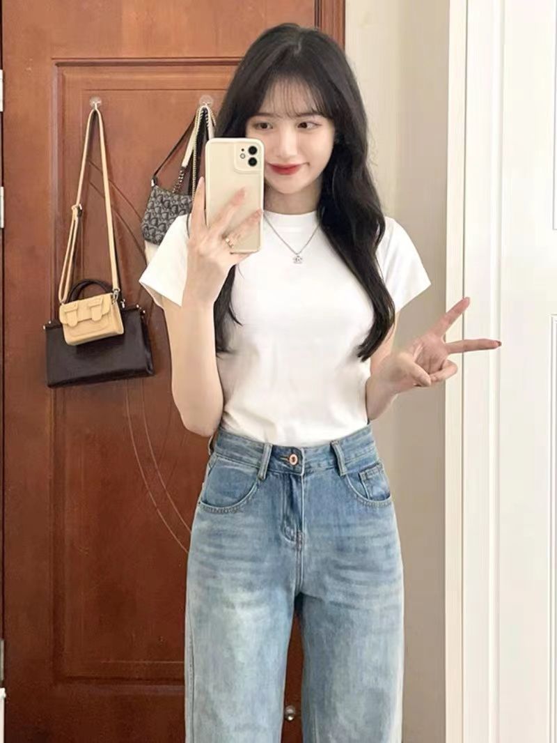 純棉正肩短袖t恤女夏修身顯瘦休閒百搭氣質風氣質內搭上衣
