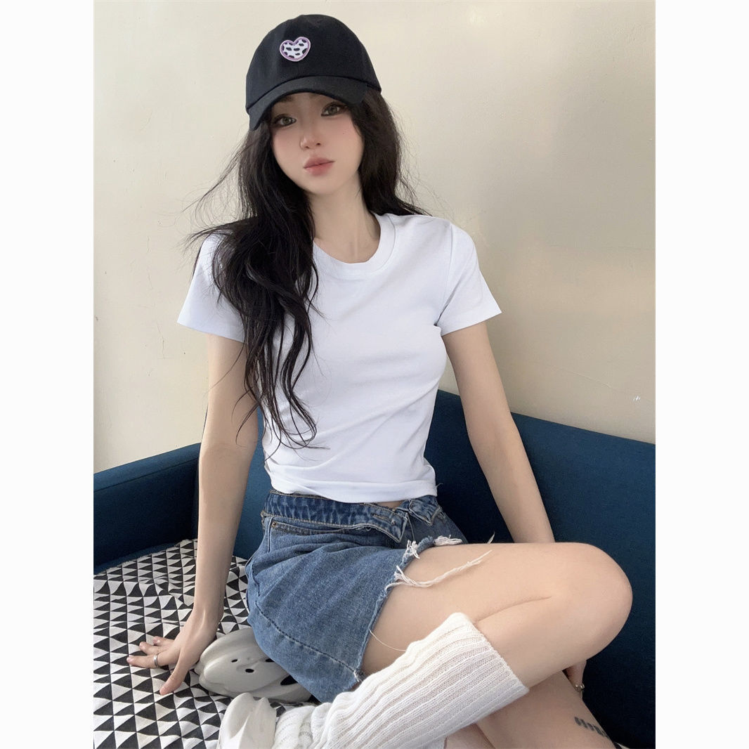 2024夏季新款辣妹修身顯瘦短款T恤女純色百搭短袖上衣設計感小眾