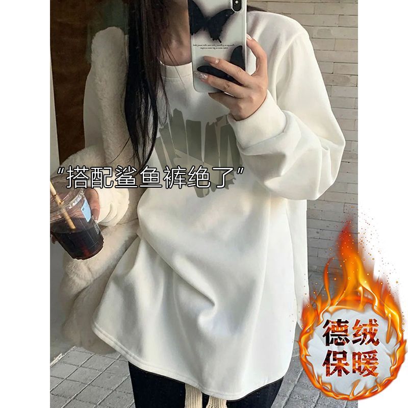 重磅t恤白色打底衫女冬季加絨加厚寬鬆大版慵懶風內搭長袖上衣服
