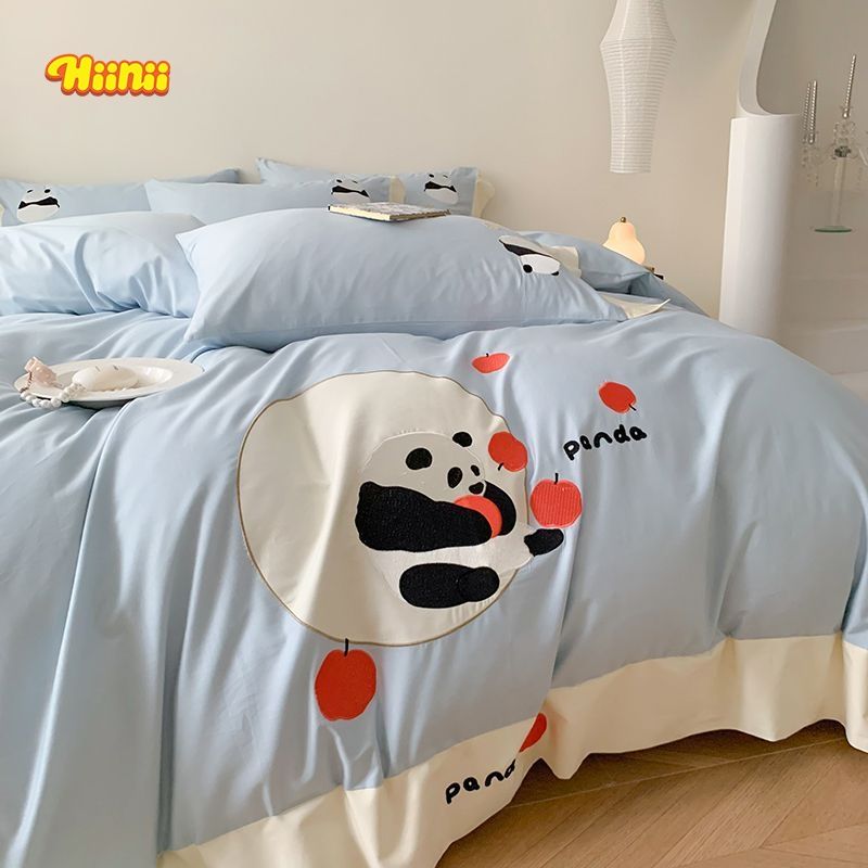 HIINII可爱熊猫100S加厚全棉床单四件套纯棉被套卡通儿童床上用品