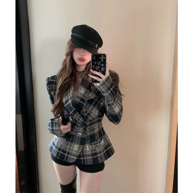 Maillard plaid blazer hot girl versatile high-end woolen college style waisted short coat slimming suit