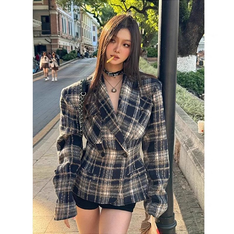 British style waisted plaid suit jacket for women Maillard retro versatile contrasting plaid woolen suit trendy
