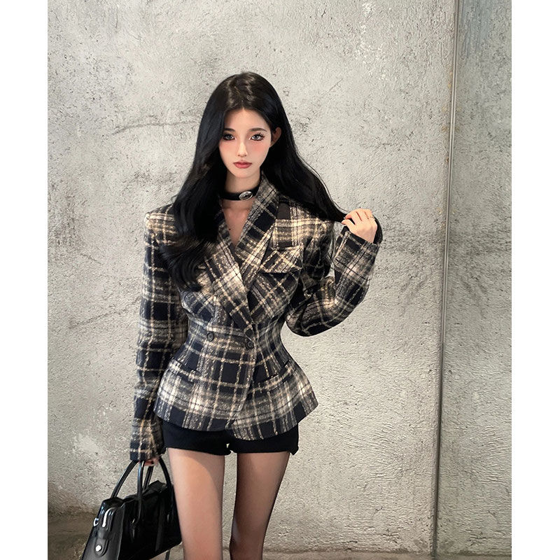 British style patterned woolen suit hot girl retro plaid jacket women's high-end loose slim suit top trendy