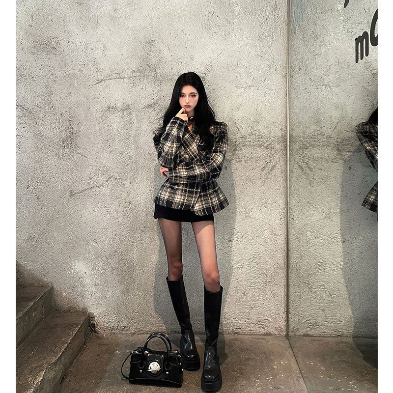 British style patterned woolen suit hot girl retro plaid jacket women's high-end loose slim suit top trendy