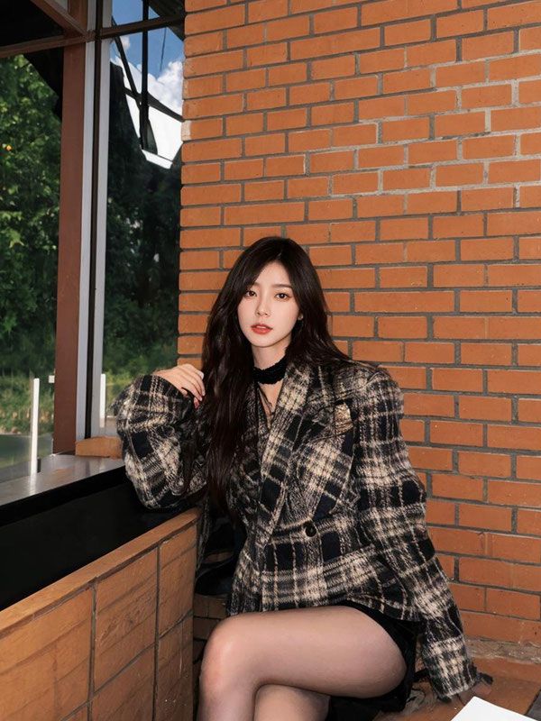 American retro Maillard plaid woolen jacket new niche high-end temperament slim slim suit top