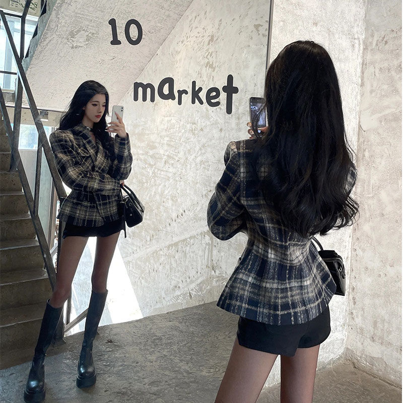 British style patterned woolen suit hot girl retro plaid jacket women's high-end loose slim suit top trendy