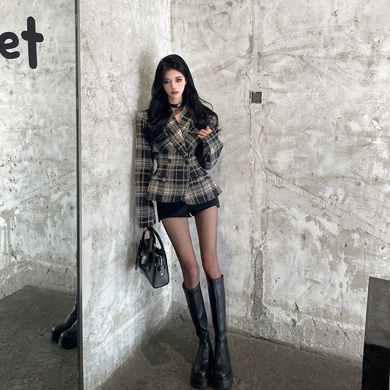 British style patterned woolen suit hot girl retro plaid jacket women's high-end loose slim suit top trendy