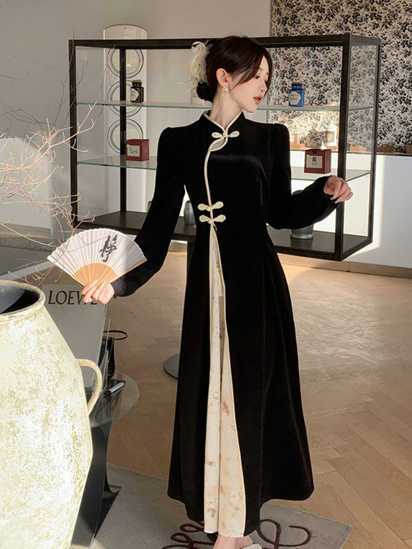 2024新款新中式國風改良旗袍黑色連衣裙女裝秋冬氣質高級感長裙子