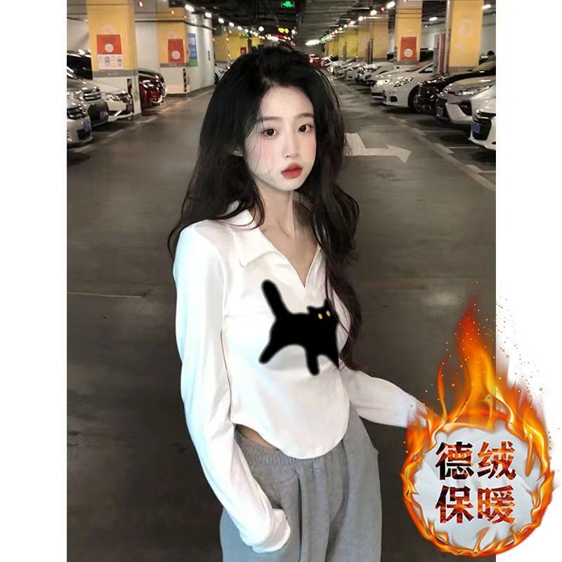 德絨保暖設計感甜美polo領修身上衣小眾高腰純欲風顯瘦短款t恤女