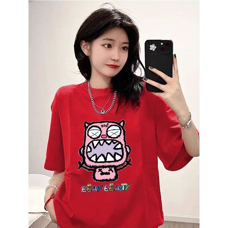 龍年本命年衣服新年t恤女紅色短袖寬鬆純棉大碼2024春節半袖上衣