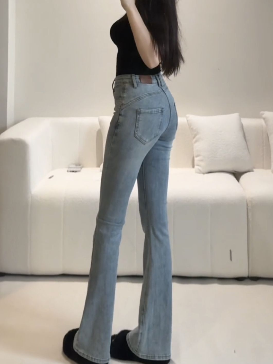 加絨微喇牛仔褲女2023早春新款高腰百搭提臀彈力顯瘦修身拖地長褲