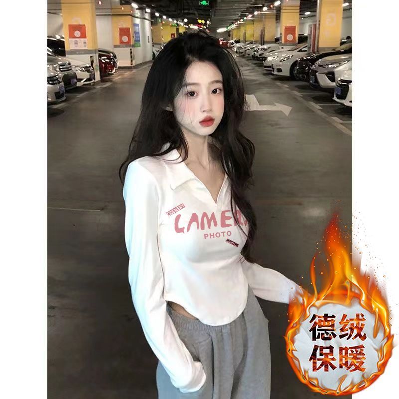 德絨保暖設計感甜美polo領修身上衣小眾高腰純欲風顯瘦短款t恤女