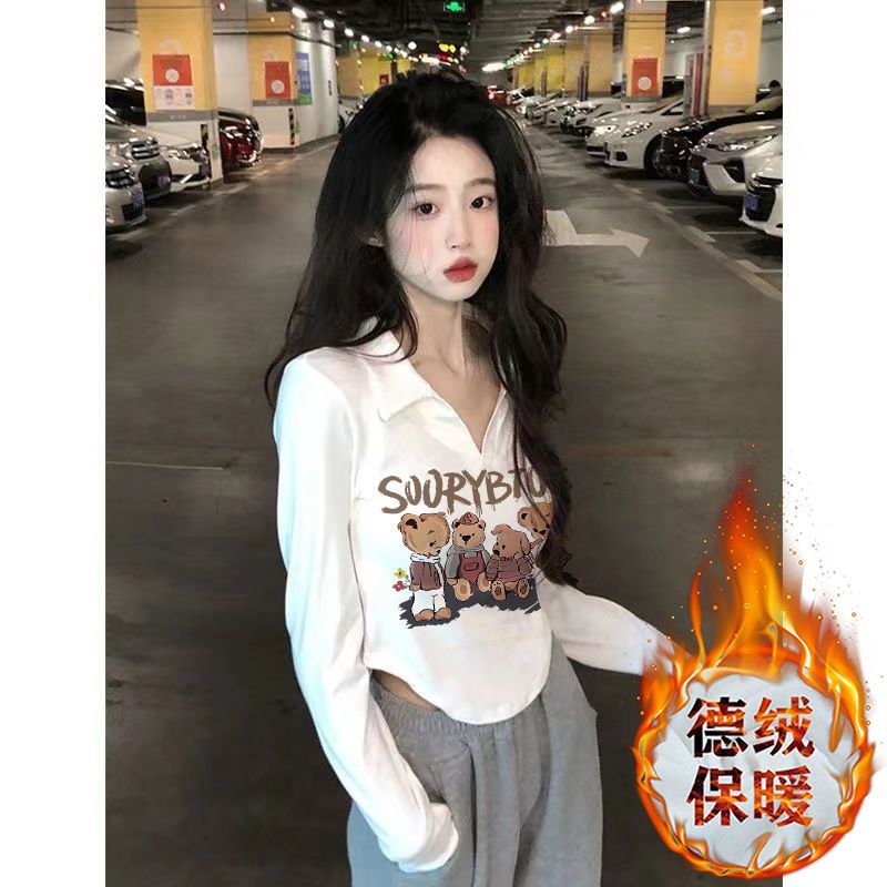 德絨保暖設計感甜美polo領修身上衣小眾高腰純欲風顯瘦短款t恤女