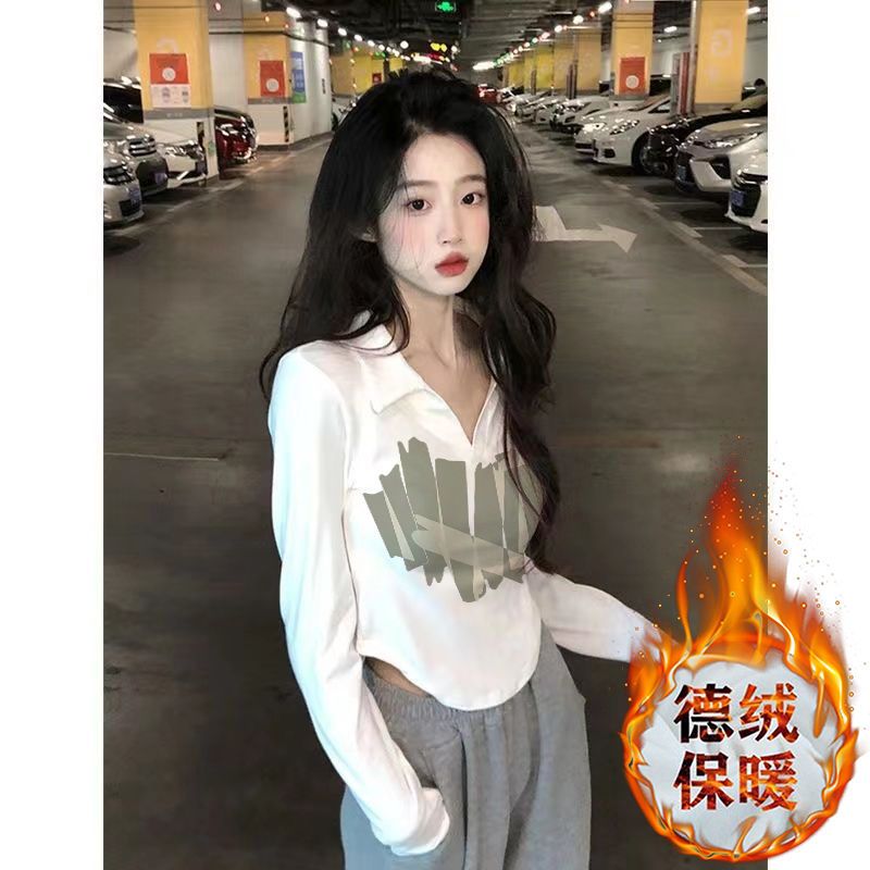 德絨保暖設計感甜美polo領修身上衣小眾高腰純欲風顯瘦短款t恤女