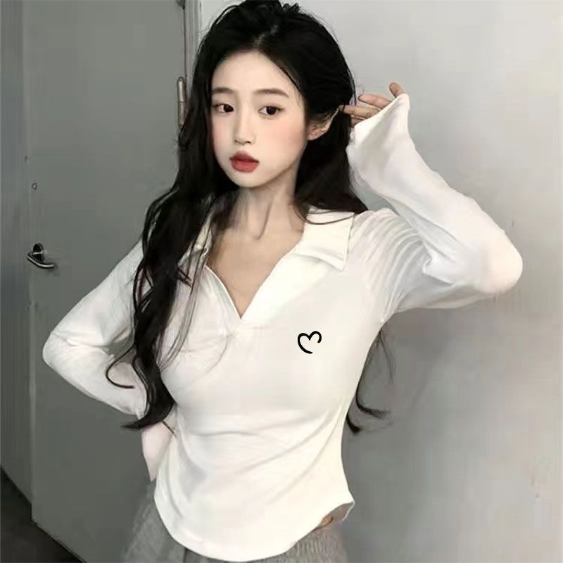 New POLO collar white hot girl pure desire spring bottoming shirt niche design slim short long-sleeved top