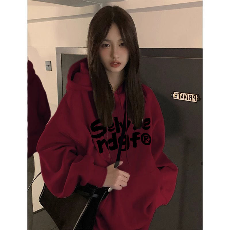 Heavy silver fox velvet pure cotton high-end burgundy hooded sweatshirt for women autumn and winter plus velvet oversize loose coat