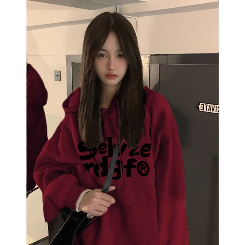 Heavy silver fox velvet pure cotton high-end burgundy hooded sweatshirt for women autumn and winter plus velvet oversize loose coat