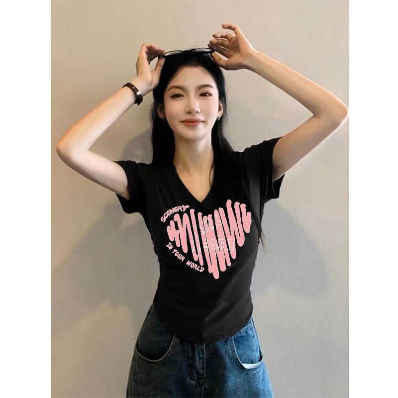 純棉V領t恤女短袖2024新款修身時尚減齡顯瘦小眾褶皺百搭上衣夏季