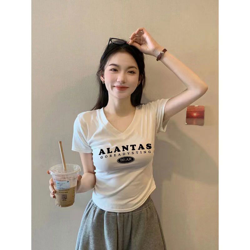 純棉V領t恤女短袖2024新款修身時尚減齡顯瘦小眾褶皺百搭上衣夏季