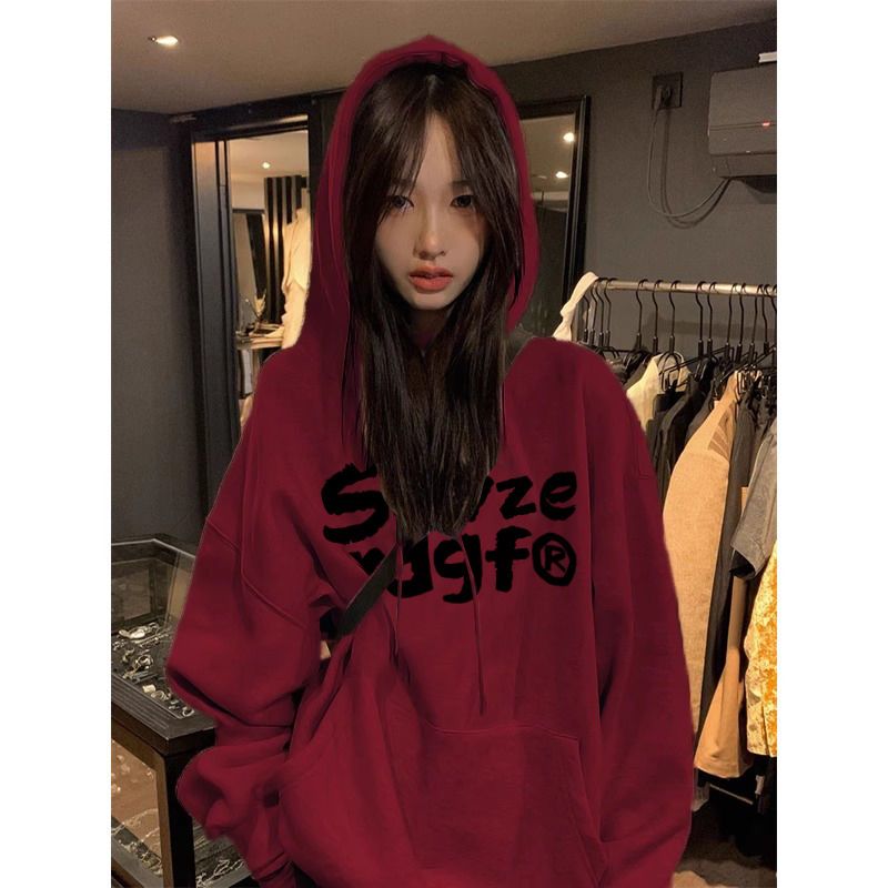 Heavy silver fox velvet pure cotton high-end burgundy hooded sweatshirt for women autumn and winter plus velvet oversize loose coat