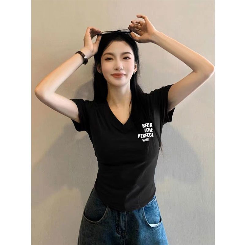純棉V領t恤女短袖2024新款修身時尚減齡顯瘦小眾褶皺顯瘦上衣夏季