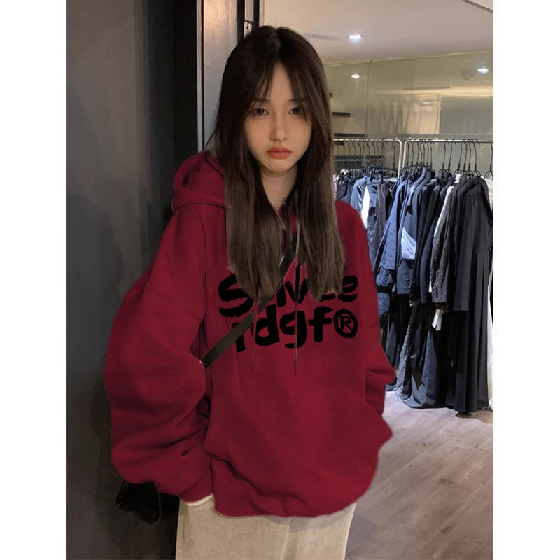 Heavy silver fox velvet pure cotton high-end burgundy hooded sweatshirt for women autumn and winter plus velvet oversize loose coat