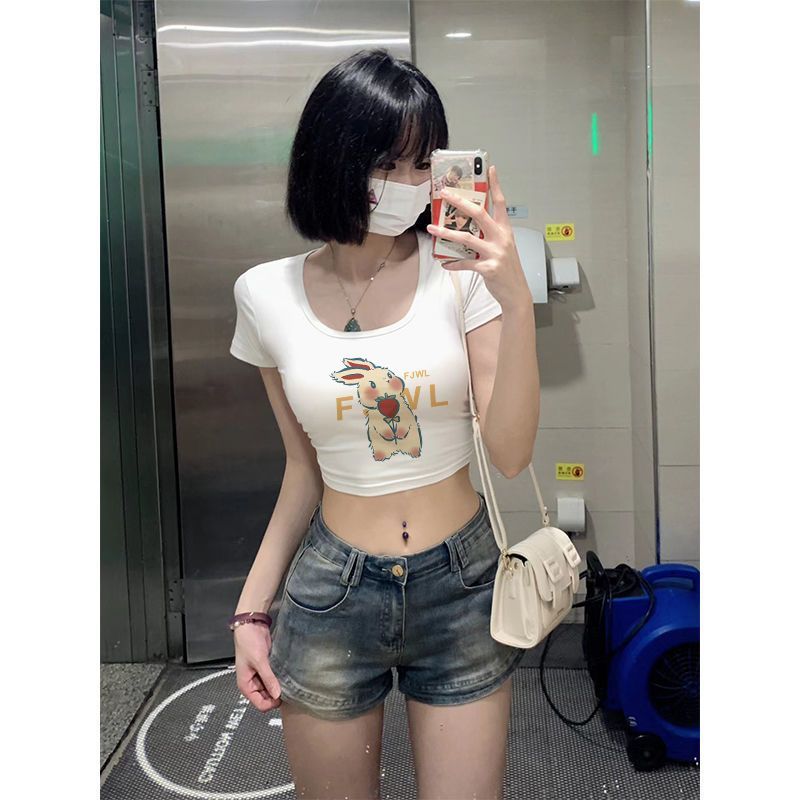 設計感小眾正肩純棉u領短袖T恤女夏短款收腰露臍緊身顯瘦辣妹上衣