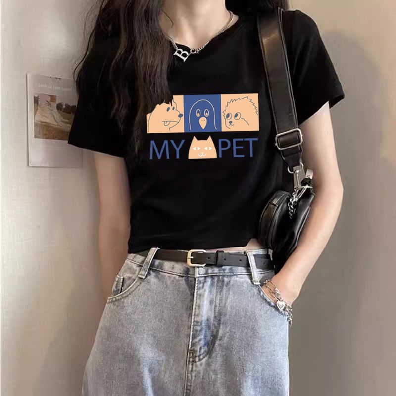 甜辣新款印花短袖短款t恤女夏季2024辣妹修身顯瘦百搭正肩上衣ins