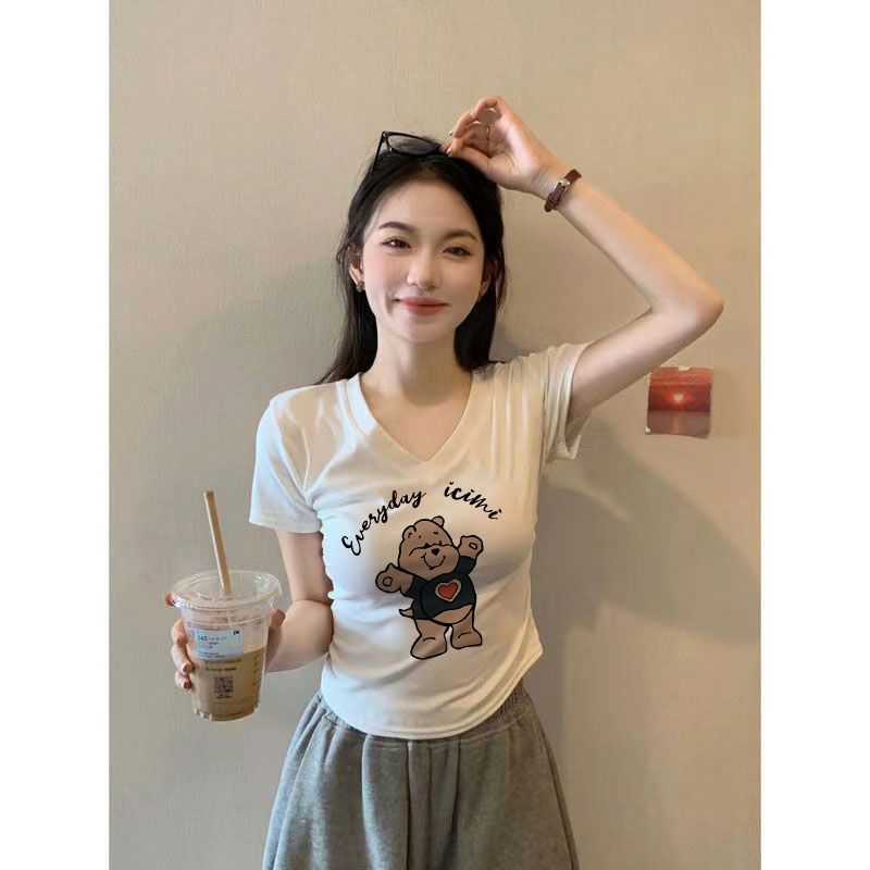 純棉V領t恤女短袖2024新款修身時尚減齡顯瘦小眾褶皺顯瘦上衣夏季