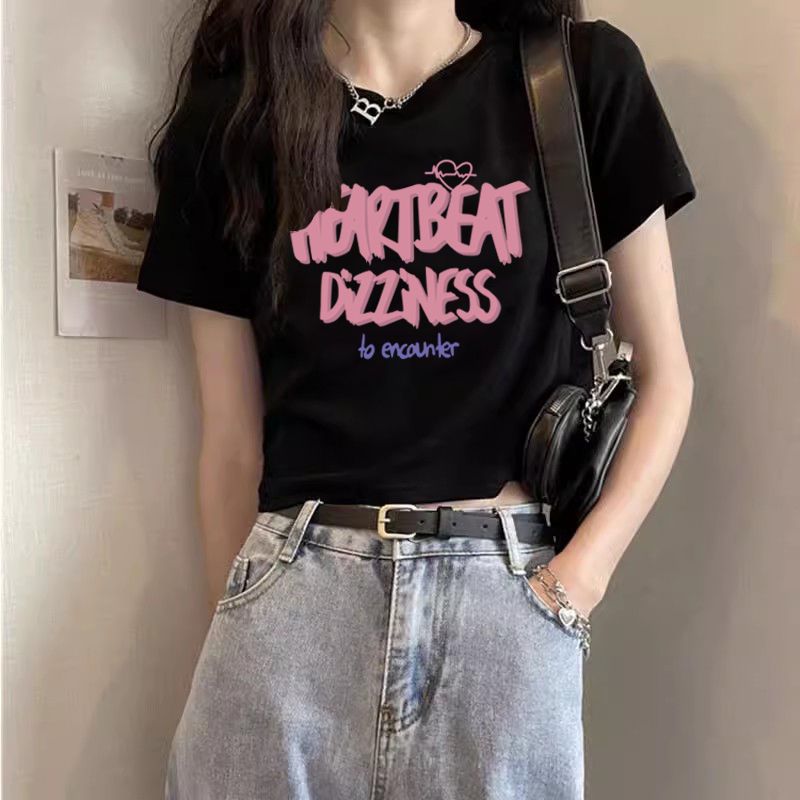 甜辣新款印花短袖短款t恤女夏季2024辣妹修身顯瘦百搭正肩上衣ins