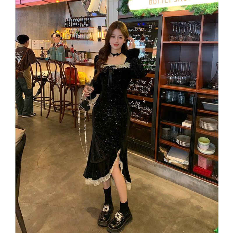 新中式復古不規則絲絨連衣裙女秋冬季赫本風氣質高級感法式長裙子