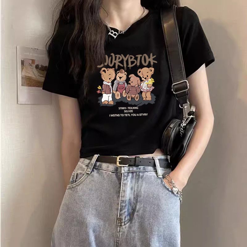 甜辣新款印花短袖短款t恤女夏季2024辣妹修身顯瘦百搭正肩上衣ins
