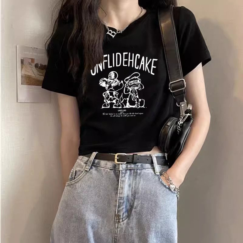 甜辣新款印花短袖短款t恤女夏季2024辣妹修身顯瘦百搭正肩上衣ins