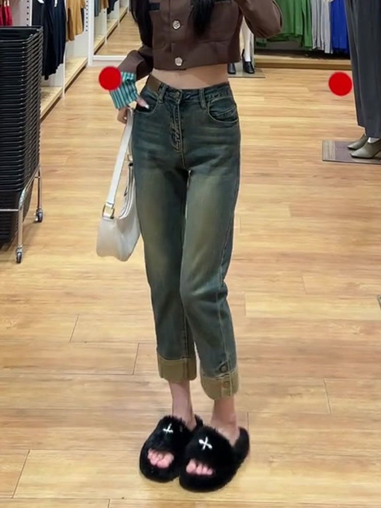 加絨加厚直筒牛仔褲女2023年秋冬新款小個子顯瘦高腰九分煙管褲子