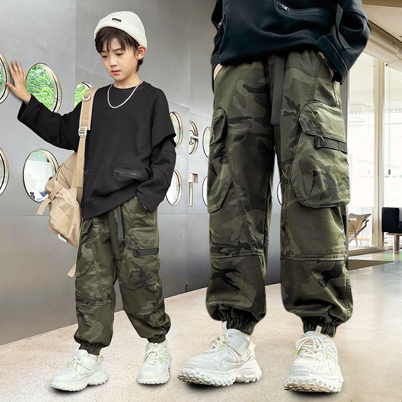 卓詩尼男童時尚束腳迷彩工裝褲2024春季帥氣兒童純棉寬鬆休閒褲子