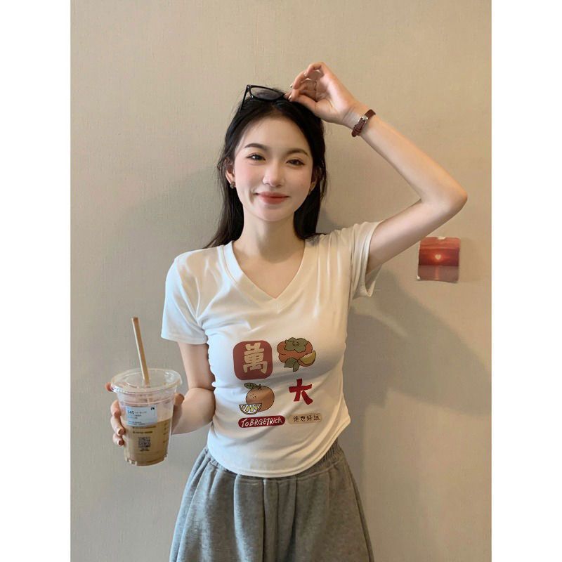 純棉領正肩t恤短袖上衣女修身顯瘦百搭純欲風時尚小上衣