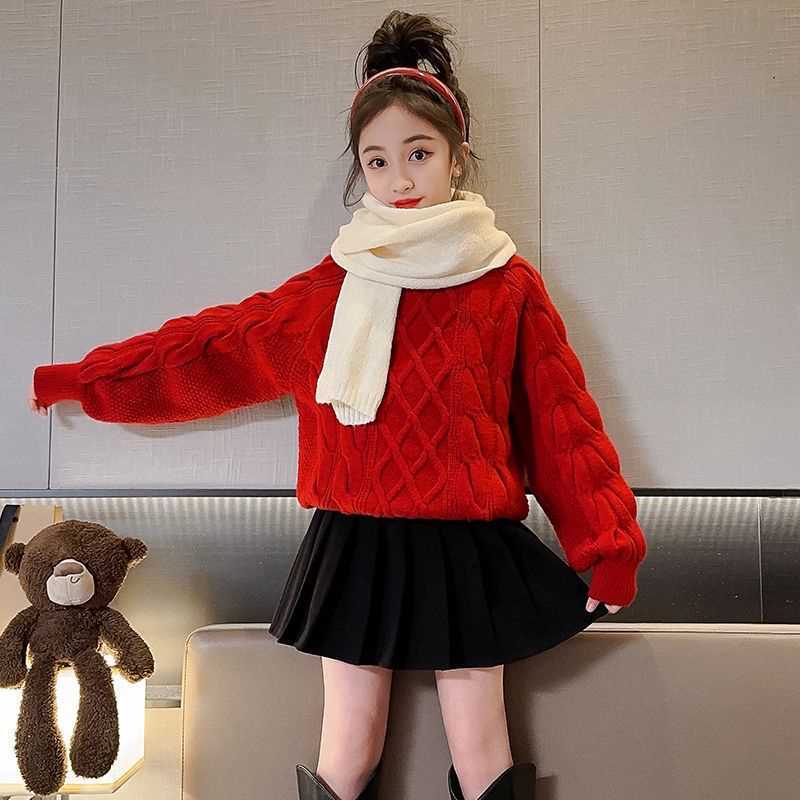 女童毛衣长袖红色针织打底衫麻花休闲上衣新款韩版洋气中大童