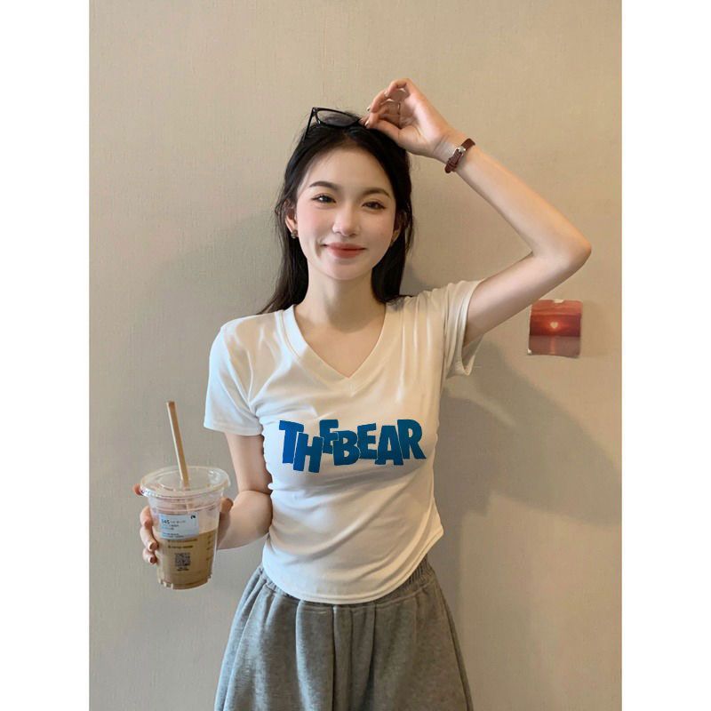 純棉領正肩t恤短袖上衣女修身顯瘦百搭純欲風時尚小上衣