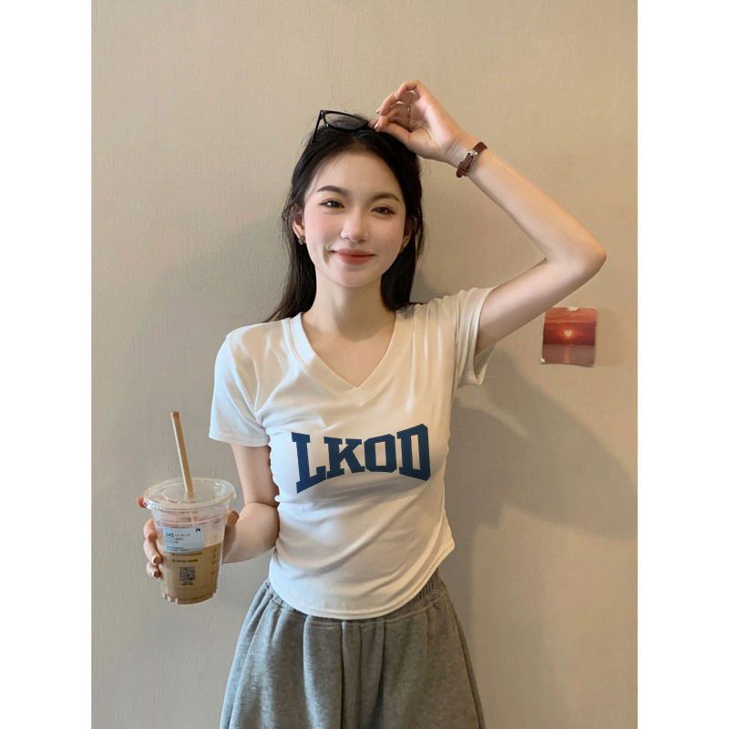 純棉領正肩t恤短袖上衣女修身顯瘦百搭純欲風時尚小上衣