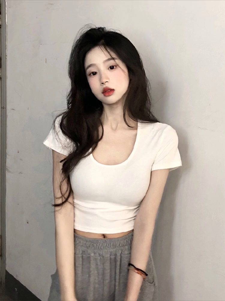 純欲風白色U領正肩短袖T恤女夏季設計感修身露臍體恤短款辣妹上衣