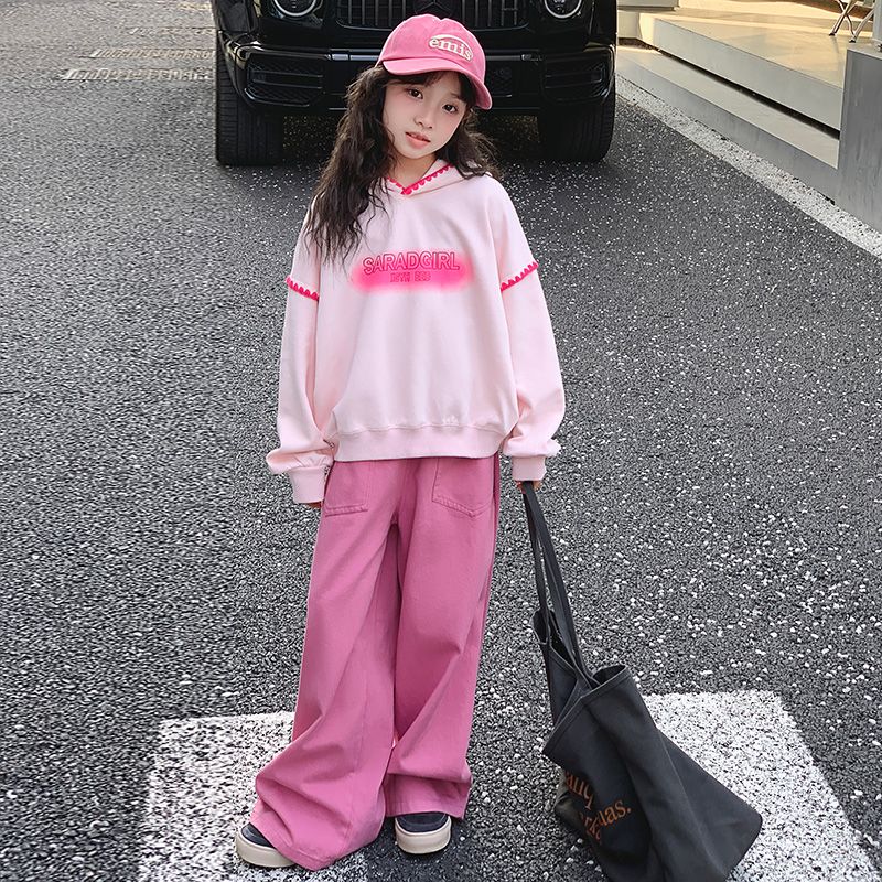 卓詩尼女童春季洋氣衛衣闊腿褲套裝2024新款中大童時髦休閒兩件套