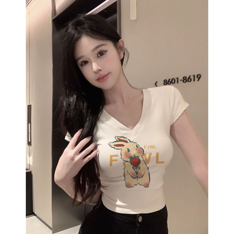 純欲性感白色v領短袖T恤女夏季2024新款韓版辣妹修身顯瘦短款上衣