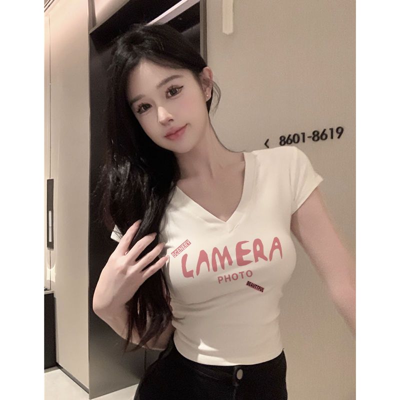 純欲性感白色v領短袖T恤女夏季2024新款韓版辣妹修身顯瘦短款上衣